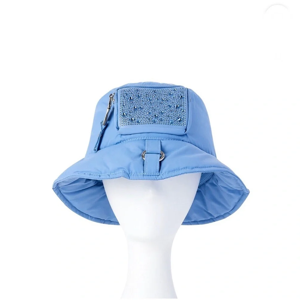 Cute bejeweled bling Blue Puffer‎ Bucket Hat with zippered pocket new
